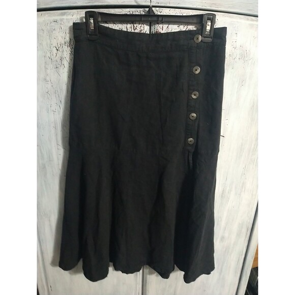 Free People Linen Ruffled Button Up Midi Skirt Black 6 Boho Beachy Cotragecore - Picture 2 of 10